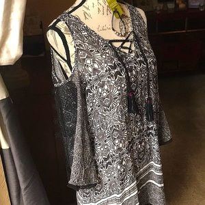 Democracy Black & White Print Tassel & Lace Tunic Top w/ Matching Bracelet, M